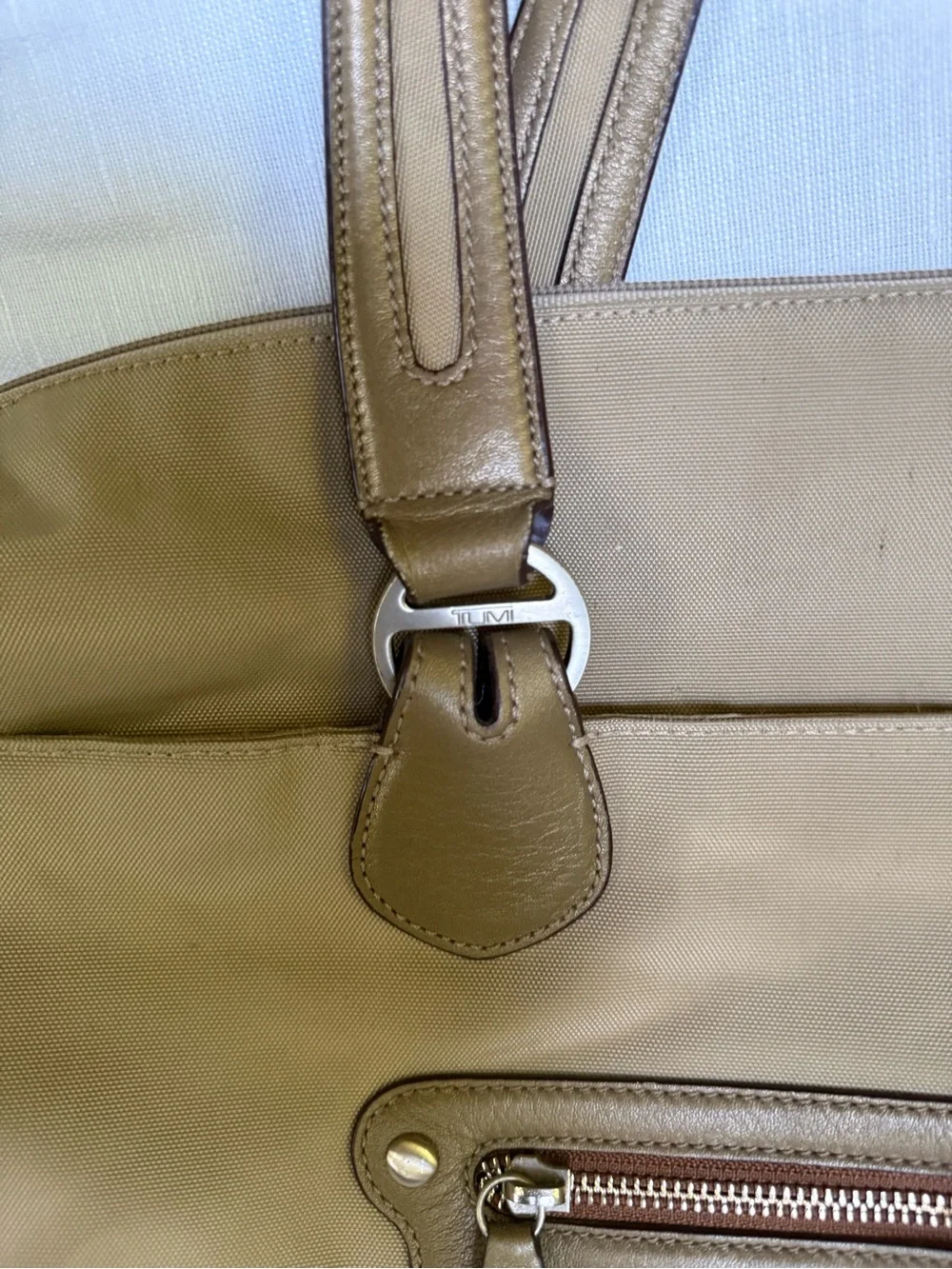 Tumi beige nylon tote features leather trim handle bag large